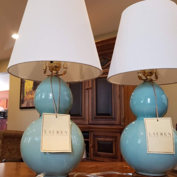 NWT Rare Aqua Color Ralph Lauren Petite Double Gourd Pair of Lamps - Picture 12 of 16